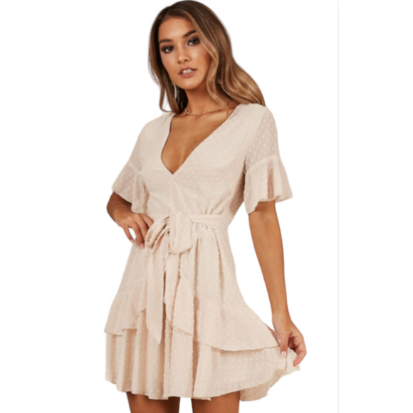 Showpo. Dresses & Skirts - V-Neck RUFFLED Beige Swiss Dot Mini Dress - Showpo - Size 6